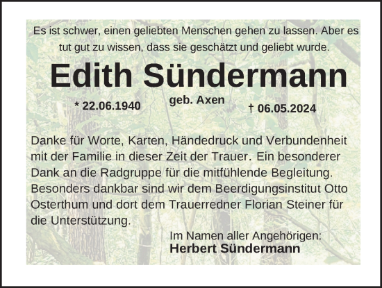 Traueranzeige von Edith Sündermann von Nordwest-Zeitung