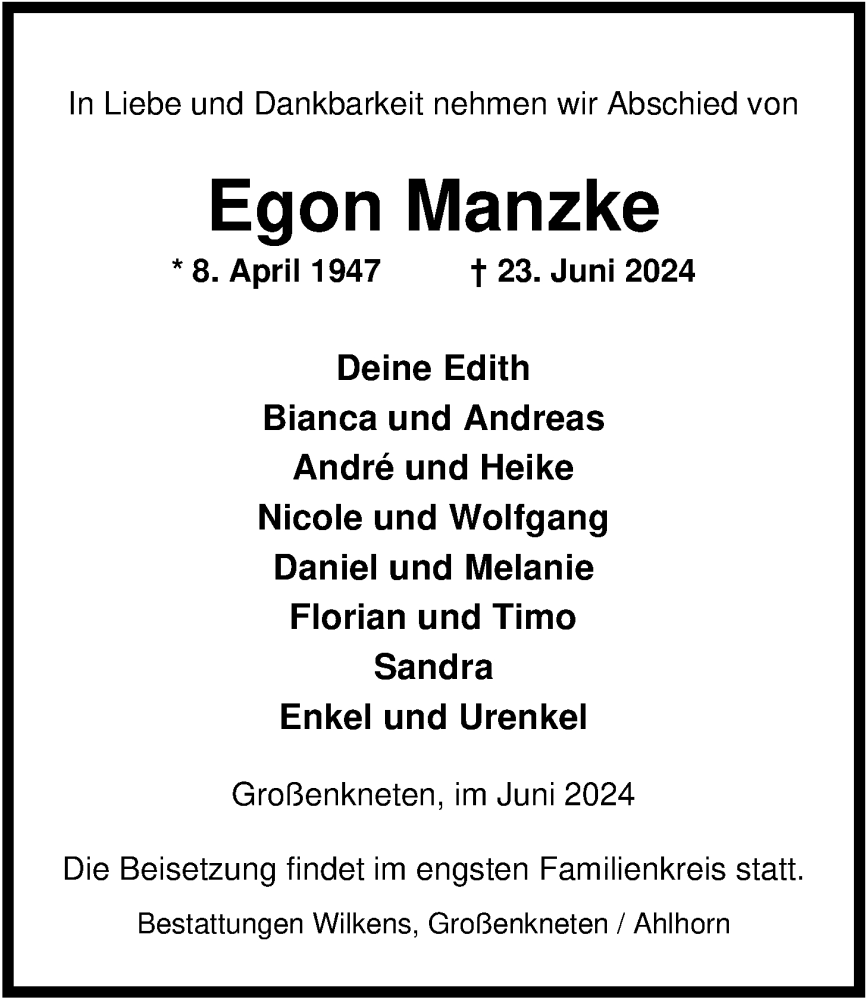  Traueranzeige für Egon Manzke vom 28.06.2024 aus Nordwest-Zeitung