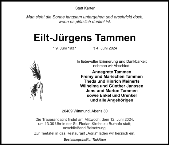 Traueranzeige von Eilt-Jürgens Tammen von WZ/JW/AH
