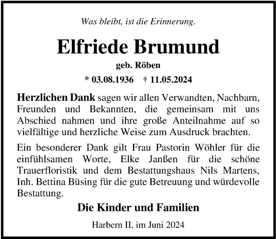 Traueranzeige von Elfriede Brumund von Nordwest-Zeitung
