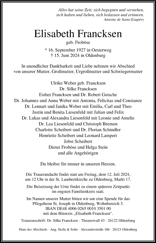 Traueranzeige von Elisabeth Francksen von Nordwest-Zeitung