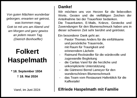 Traueranzeige von Folkert Haspelmath von Nordwest-Zeitung