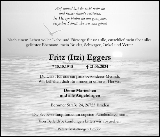 Traueranzeige von Fritz Eggers von Emder Zeitung