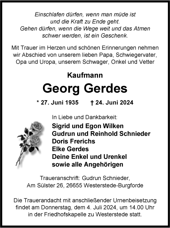 Traueranzeige von Georg Gerdes von Nordwest-Zeitung