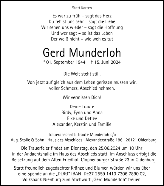 Traueranzeige von Gerd Munderloh von Nordwest-Zeitung