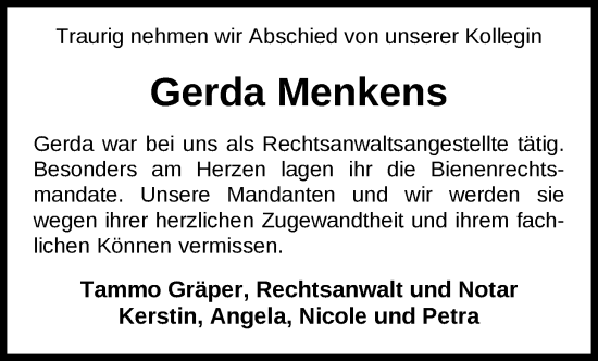 Traueranzeige von Gerda Menkens von Nordwest-Zeitung