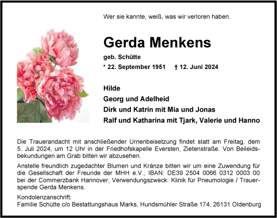 Traueranzeige von Gerda Menkens von Nordwest-Zeitung