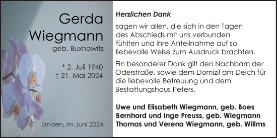 Traueranzeige von Gerda Wiegmann von Emder Zeitung