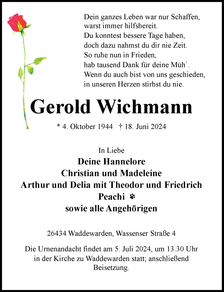  Traueranzeige für Gerold Wichmann vom 22.06.2024 aus WZ/JW/AH