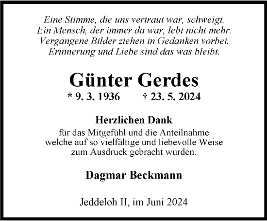 Traueranzeige von Günter Gerdes von Nordwest-Zeitung