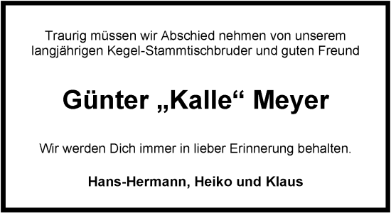 Traueranzeige von Günter Meyer von Nordwest-Zeitung
