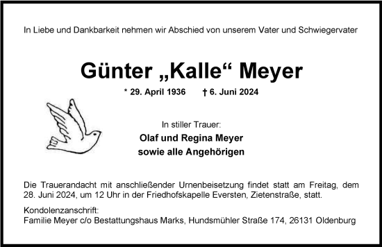 Traueranzeige von Günter Meyer von Nordwest-Zeitung