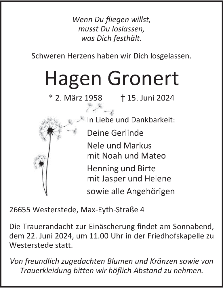  Traueranzeige für Hagen Gronert vom 19.06.2024 aus Nordwest-Zeitung