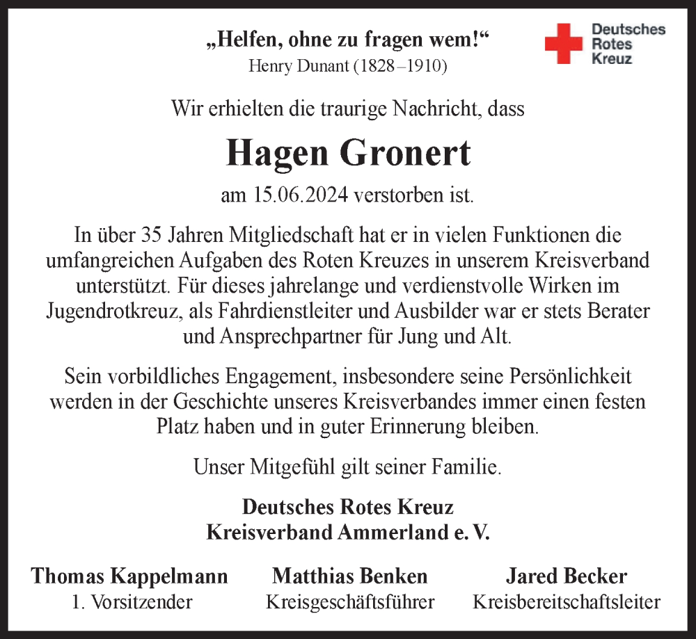  Traueranzeige für Hagen Gronert vom 19.06.2024 aus Nordwest-Zeitung