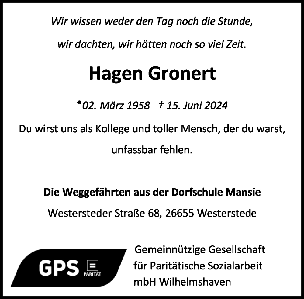  Traueranzeige für Hagen Gronert vom 22.06.2024 aus Nordwest-Zeitung