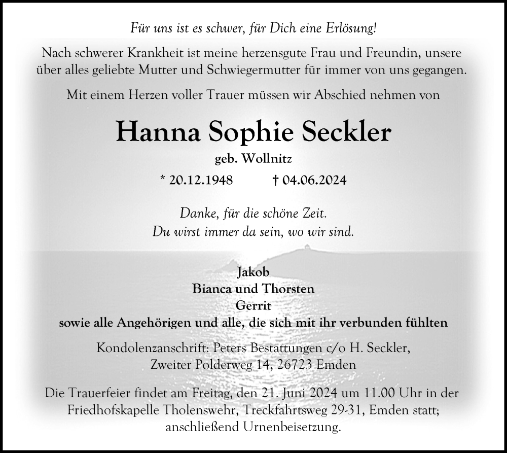  Traueranzeige für Hanna Sophie Seckler vom 12.06.2024 aus Emder Zeitung