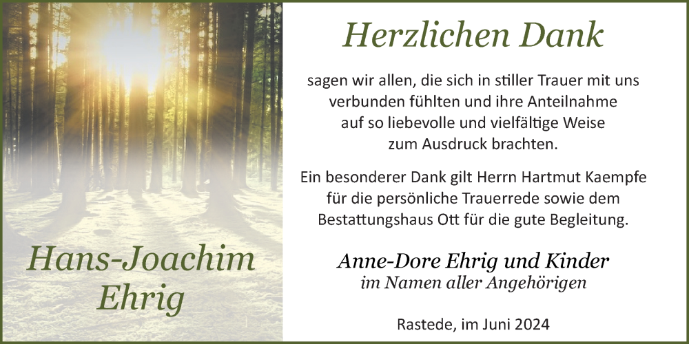  Traueranzeige für Hans-Joachim Ehrig vom 29.06.2024 aus Nordwest-Zeitung