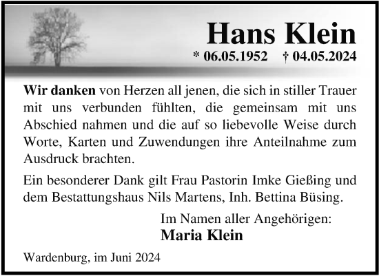 Traueranzeige von Hans Klein von Nordwest-Zeitung