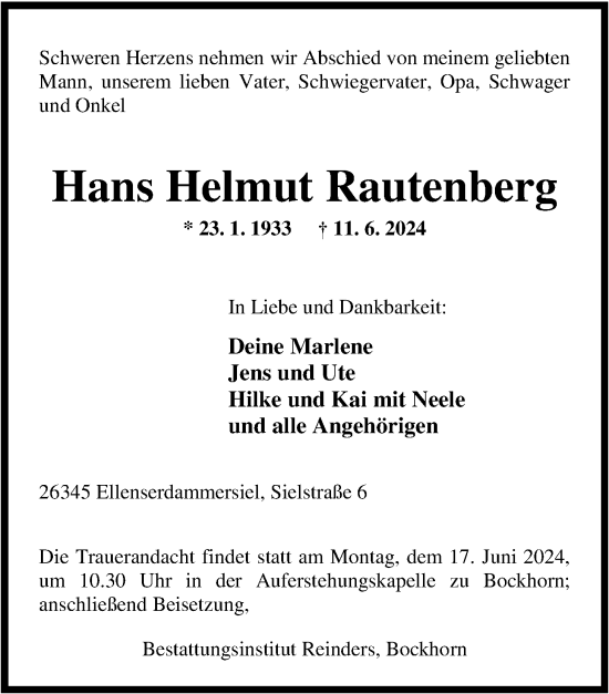 Traueranzeige von Hans Helmut Rautenberg von Nordwest-Zeitung