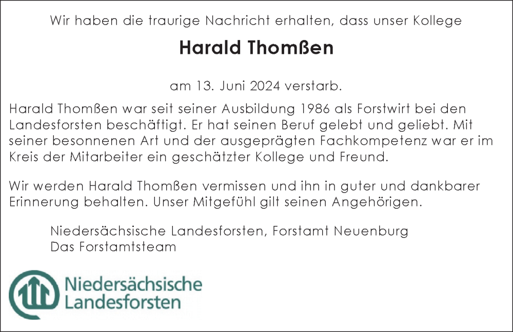  Traueranzeige für Harald Thomßen vom 19.06.2024 aus Nordwest-Zeitung