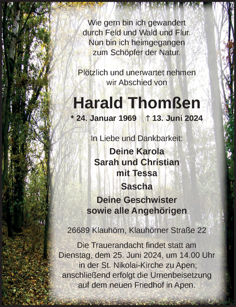  Traueranzeige für Harald Thomßen vom 18.06.2024 aus Nordwest-Zeitung