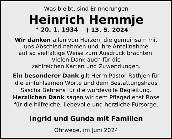 Traueranzeige von Heinrich Hemmje von Nordwest-Zeitung