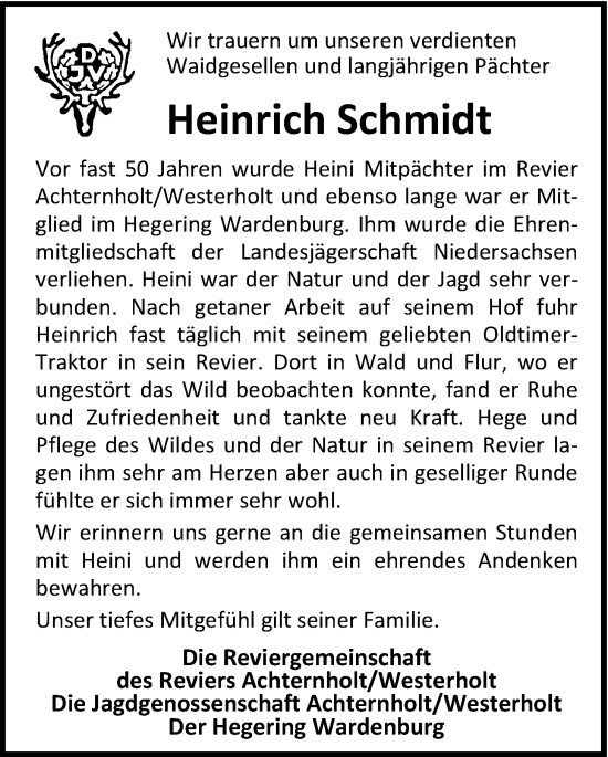 Traueranzeige von Heinrich Schmidt von Nordwest-Zeitung