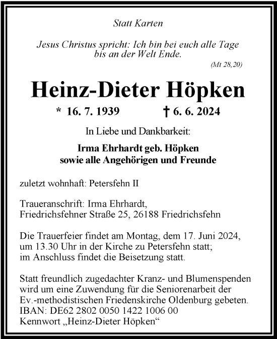 Traueranzeige von Heinz-Dieter Höpken von Nordwest-Zeitung