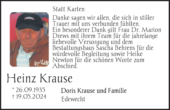 Traueranzeige von Heinz Krause von Nordwest-Zeitung