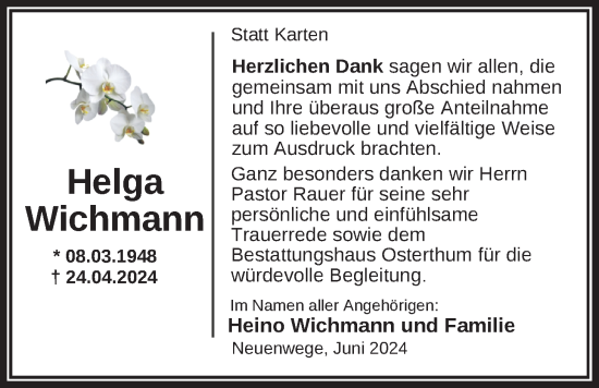 Traueranzeige von Helga Wichmann von Nordwest-Zeitung