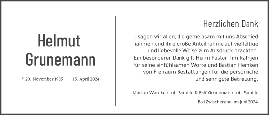 Traueranzeige von Helmut Grunemann von Nordwest-Zeitung