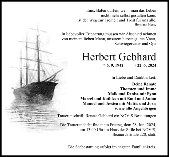 Traueranzeige von Herbert Gebhard von WZ/JW/AH