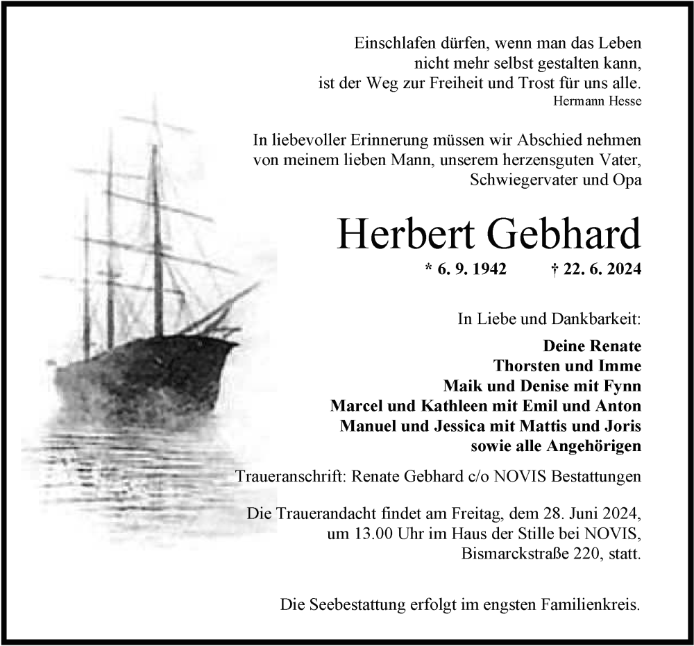  Traueranzeige für Herbert Gebhard vom 26.06.2024 aus WZ/JW/AH