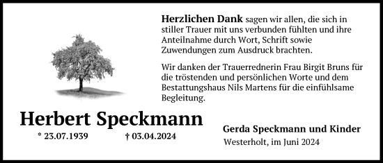 Traueranzeige von Herbert Speckmann von Nordwest-Zeitung