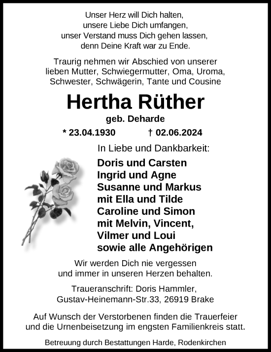 Traueranzeige von Hertha Rüther von Nordwest-Zeitung