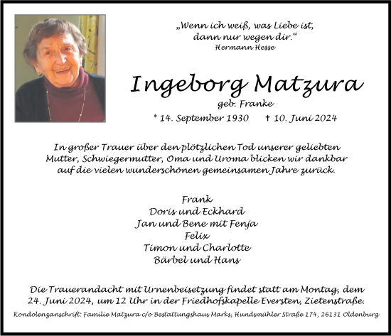 Traueranzeige von Ingeborg Matzura von Nordwest-Zeitung