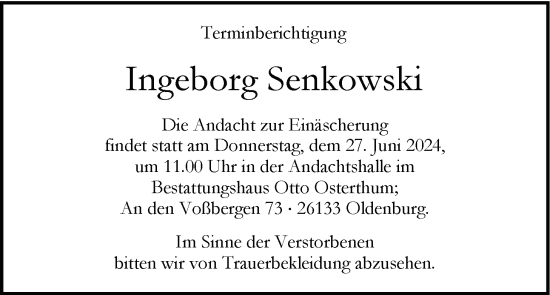 Traueranzeige von Ingeborg Senkowski von Nordwest-Zeitung