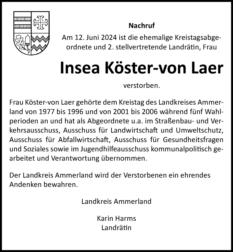  Traueranzeige für Insea Köster-von Laer vom 15.06.2024 aus Nordwest-Zeitung