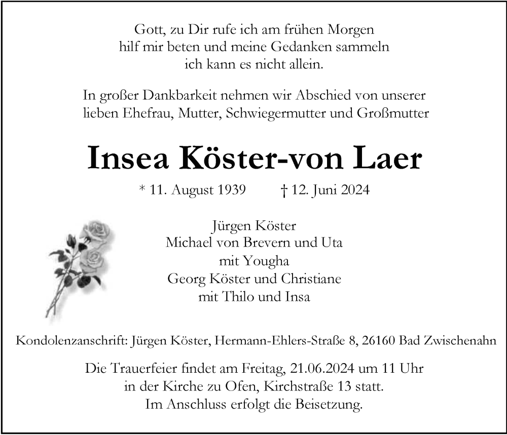  Traueranzeige für Insea Köster-von Laer vom 15.06.2024 aus Nordwest-Zeitung