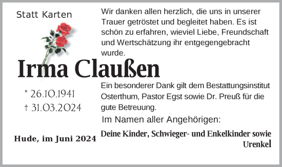 Traueranzeige von Irma Claußen von Nordwest-Zeitung