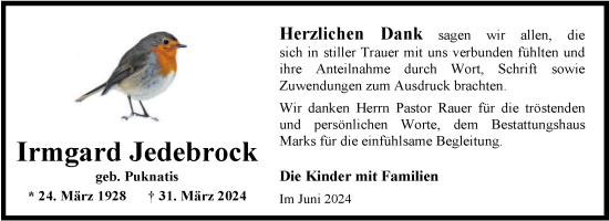 Traueranzeige von Irmgard Jedebrock von Nordwest-Zeitung