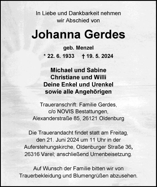 Traueranzeige von Johanna Gerdes von Nordwest-Zeitung