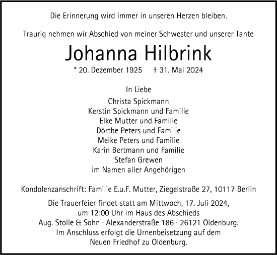 Traueranzeige von Johanna Hilbrink von Nordwest-Zeitung