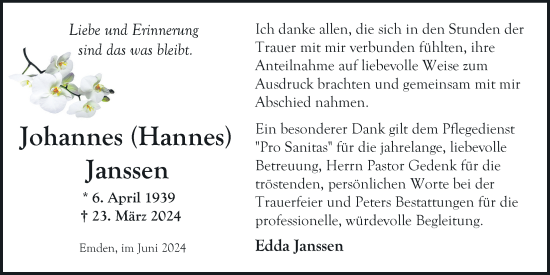 Traueranzeige von Johannes Janssen von Emder Zeitung