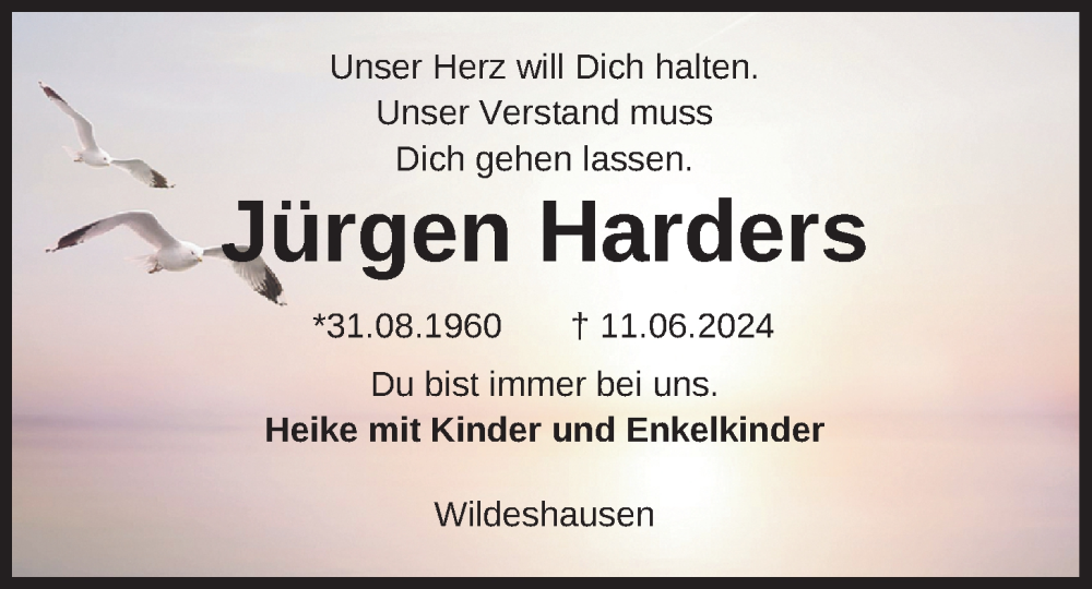  Traueranzeige für Jürgen Harders vom 13.06.2024 aus Nordwest-Zeitung