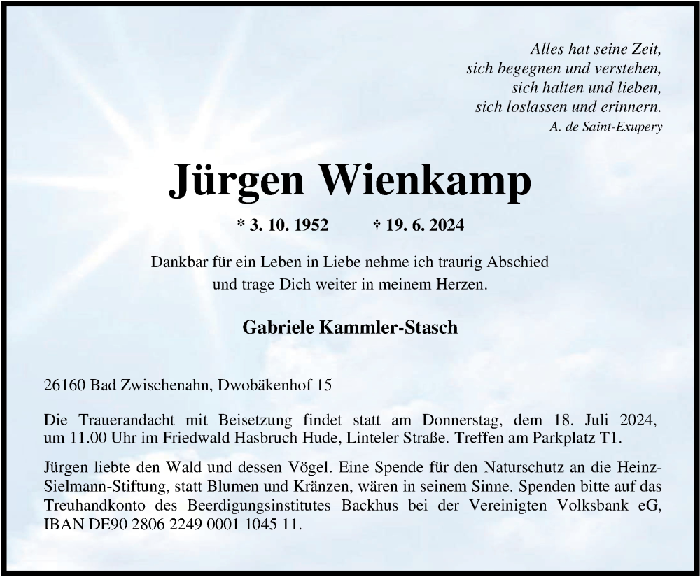  Traueranzeige für Jürgen Wienkamp vom 29.06.2024 aus Nordwest-Zeitung