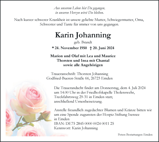 Traueranzeige von Karin Johanning von Emder Zeitung