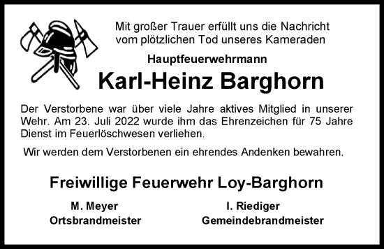 Traueranzeige von Karl-Heinz Barghorn von Nordwest-Zeitung