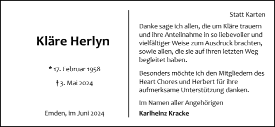 Traueranzeige von Kläre Herlyn von Emder Zeitung