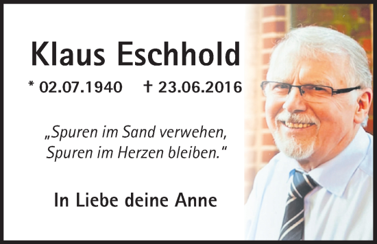 Traueranzeige von Klaus Eschhold von Nordwest-Zeitung